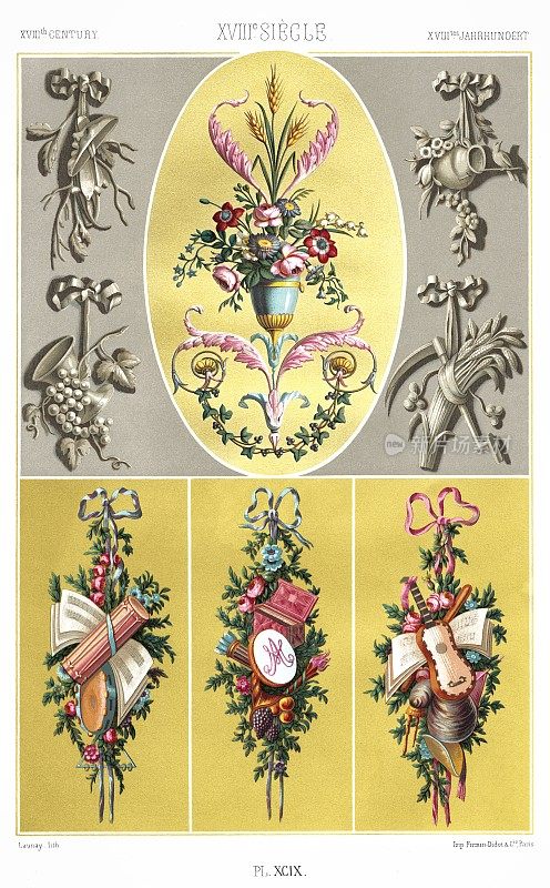 18世纪-奖杯和花束(6种图案)，彩色装饰1885。