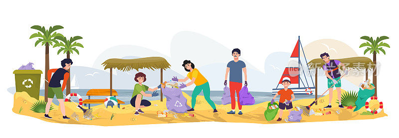 一群人清理海滩上的垃圾，塑料，垃圾。地球日。环保，生态理念。清理领土。男人拿着耙子，塑料袋。海边,岸边。平面向量