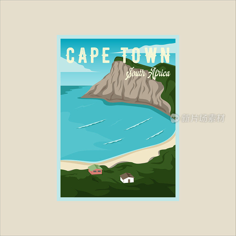 开普敦海滩海报矢量插图模板平面设计。著名的南非海岛景观，适合商务旅行或冒险休闲的概念