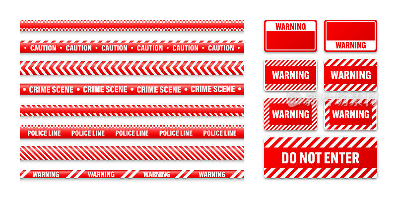 各种路障施工胶带和警告盾牌。红色警戒线，鲜艳的危险或危险条纹，缎带。禁区，禁区。注意符号。矢量图
