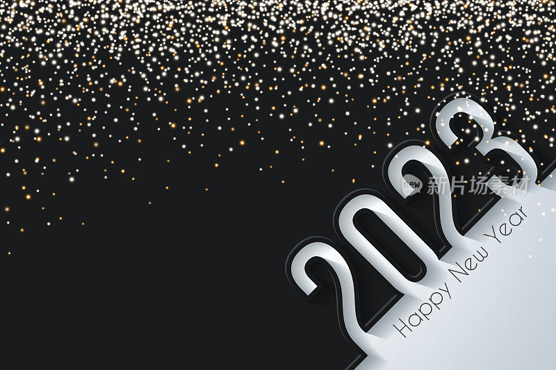 2023年新年快乐，金色闪光-黑色背景