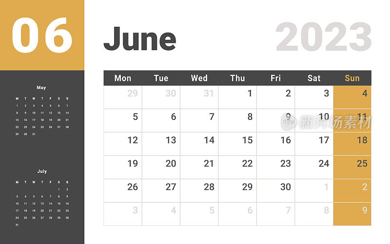 2023年6月月历模板。矢量布局简单日历与周开始星期一。