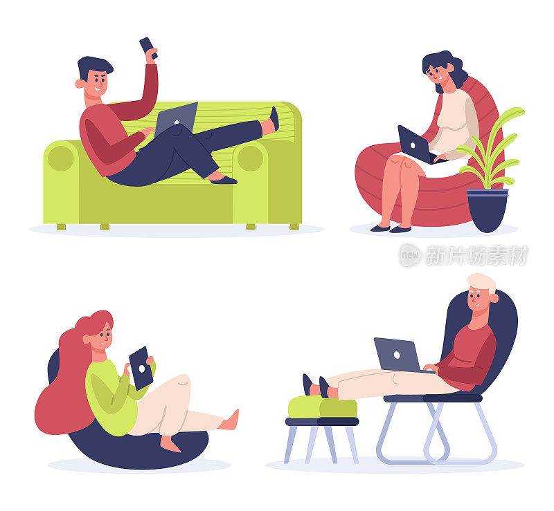 自由职业者。男人躺在沙发上，女人坐在舒适的椅子上，用笔记本电脑和平板电脑工作