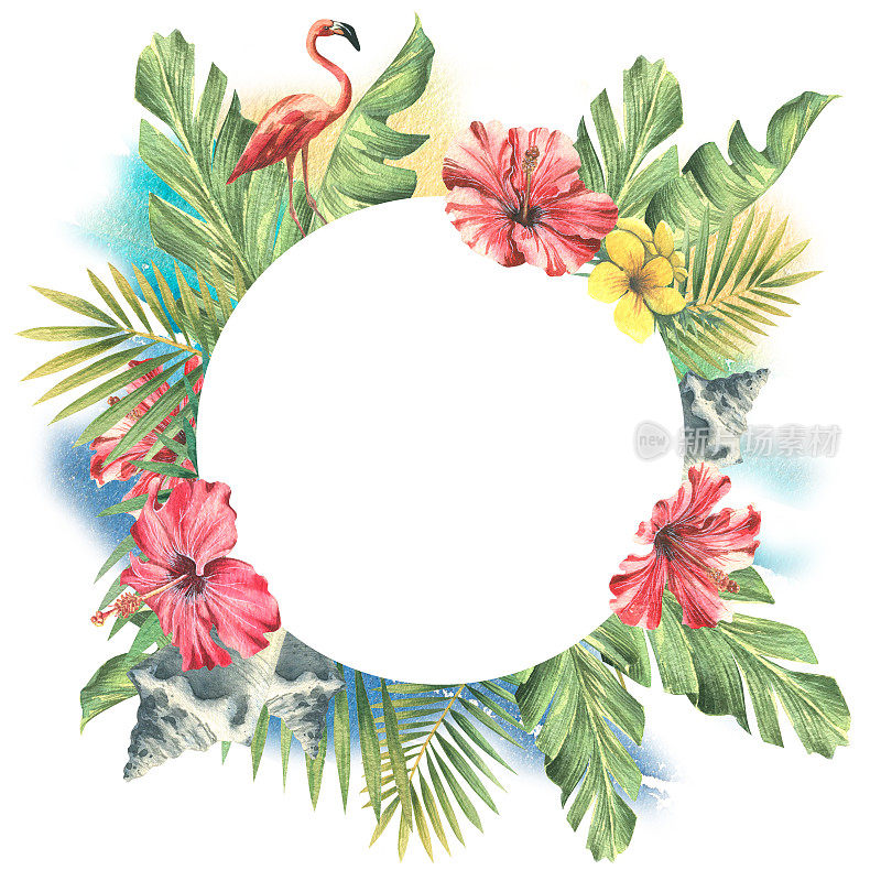 热带棕榈叶、红色芙蓉花、贝壳和粉红色火烈鸟映衬着蔚蓝的大海和天空。水彩插图。来自CUBA系列的明亮圆形镜框。装饰用的