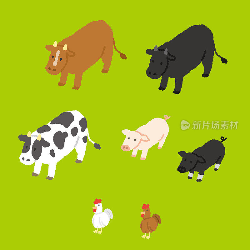牛，猪和鸡。牲畜。