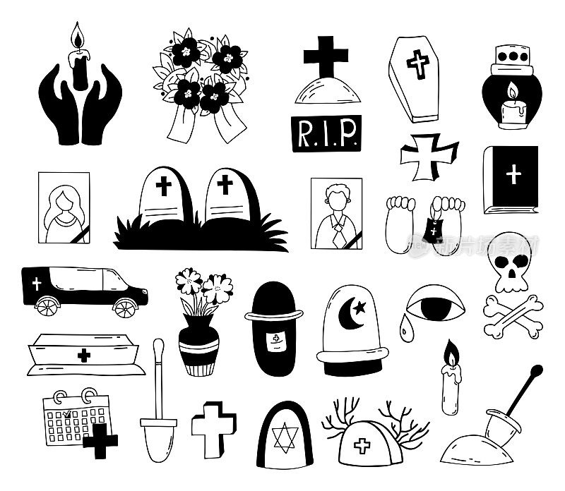 死亡和葬礼。集合矢量涂鸦。坟墓，十字架，墓地，棺材和灵车，头骨和交叉的骨头和骨灰，花环和蜡烛。葬礼主题设计的独立手绘。