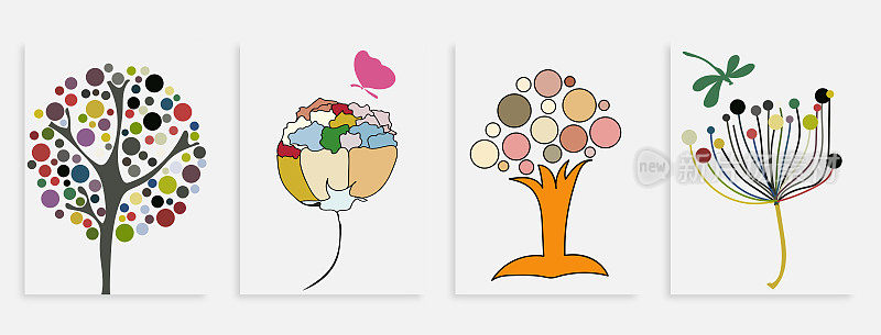 矢量手绘彩色树木植物图案卡片横幅抽象创意通用艺术模板背景。套装适用于海报、名片、邀请函、传单、封面、横幅、海报、宣传册等平面设计