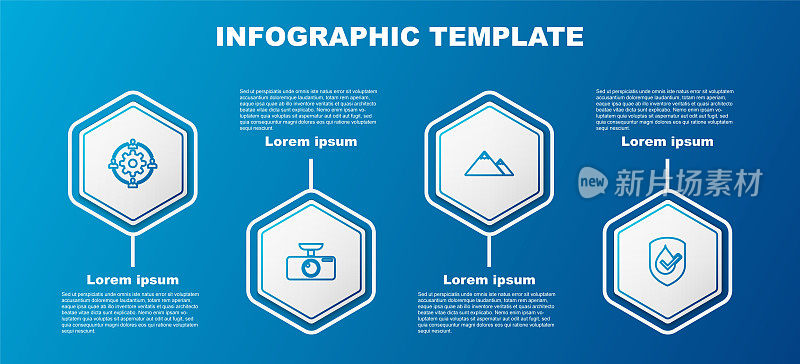 设置线外包概念，汽车DVR，山和防水。业务信息图模板。向量