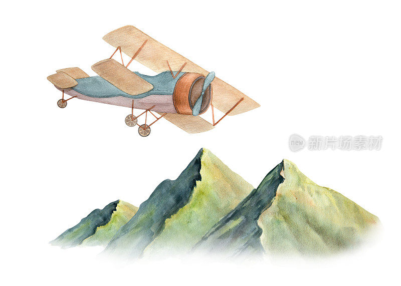 水彩插图如画的绿色山脉和老式飞机孤立
