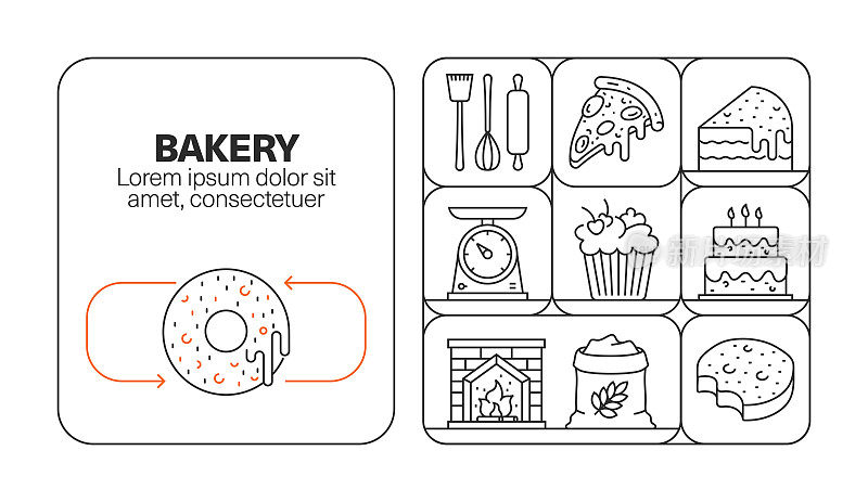 面包店横幅线图标集设计