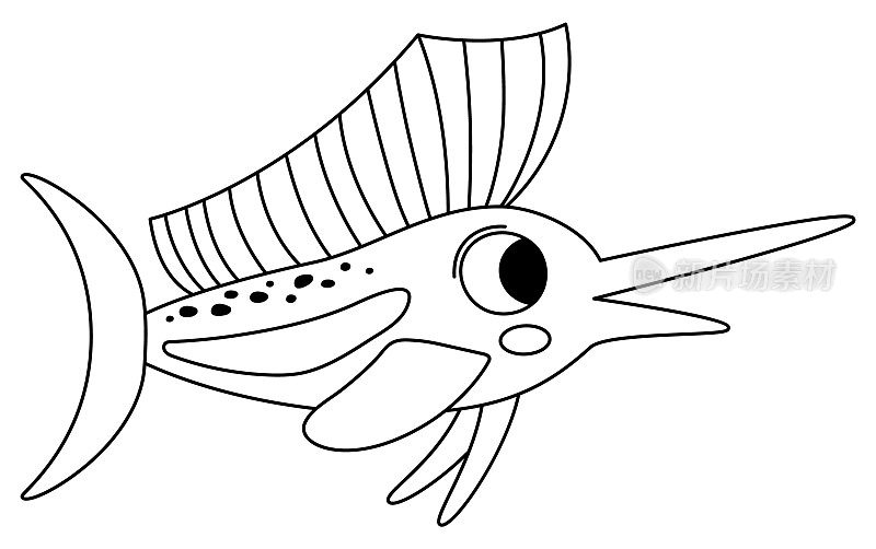 矢量黑色和白色旗鱼图标。下面的海线插图可爱有趣的鱼长鼻子。海洋动物剪贴画。卡通水下或海洋剪贴艺术或儿童着色页