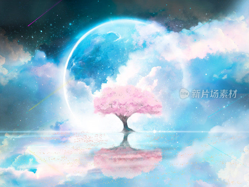 蓝色的满月和樱花在水面和美丽的云海上盛开的梦幻背景风景插图。