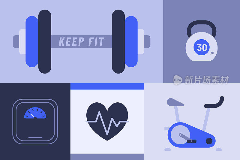 健身房锻炼概念矢量插图在蓝色和灰色的颜色。