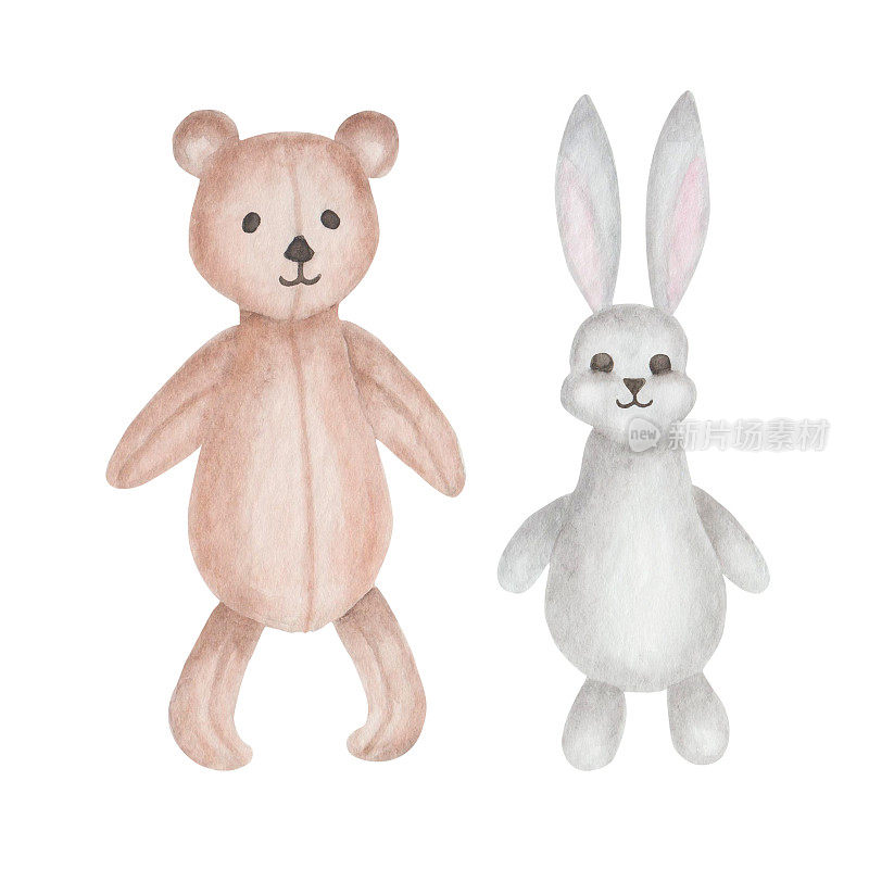 水彩插图。手绘儿童毛绒玩具，软玩具。棕色的泰迪熊和灰色的兔子。卡通人物。野生动物。复活节兔子。孤立的剪贴艺术织物纺织，横幅