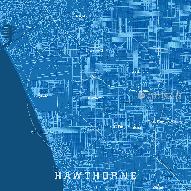 加州霍桑市矢量道路地图蓝色文本