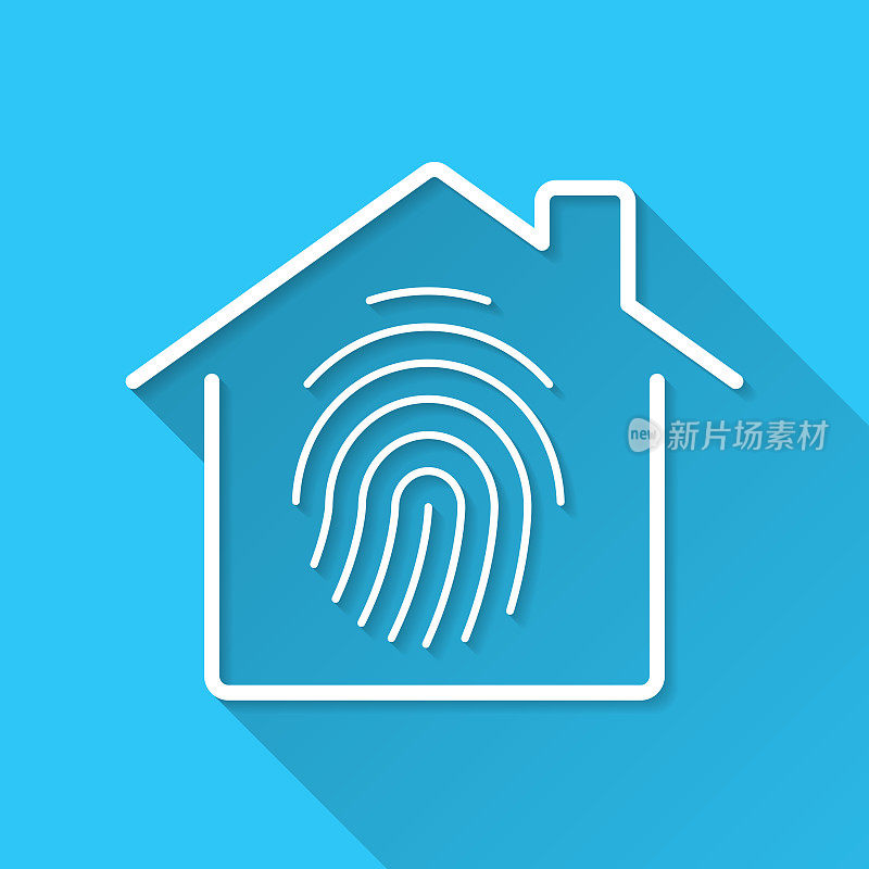 家庭安全-房子有指纹。图标在蓝色背景-平面设计与长阴影