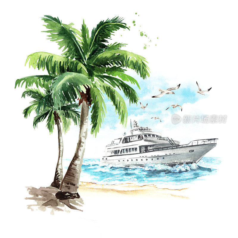 海上小船，游艇在热带海滩附近的海浪上。手绘水彩插图孤立的白色背景