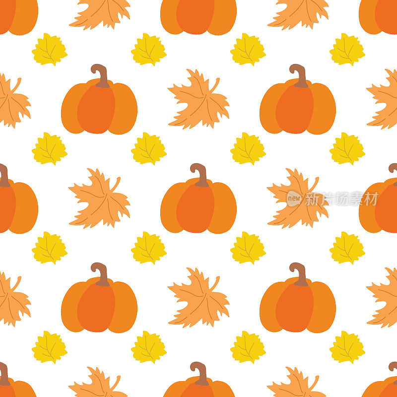 南瓜矢量图案。秋日农家乐天衣无缝的背景。感恩节带叶子的黄南瓜