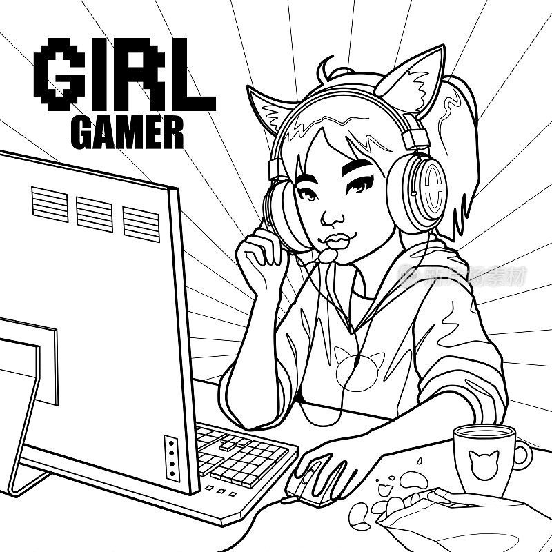 亚洲女孩游戏玩家或带猫耳朵耳机坐在电脑前。
