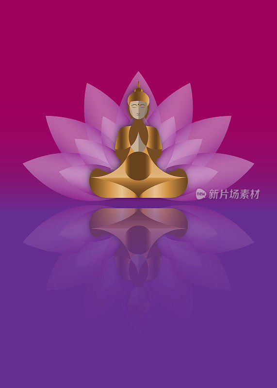 快乐佛祖普尼玛卫塞节，佛教节日，金佛坐在莲花上冥想。矢量插图孤立的紫色背景