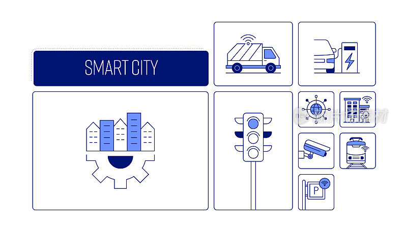 智慧城市相关的矢量横幅设计概念，现代线条风格与图标