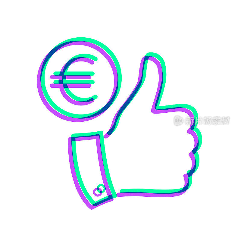 竖起大拇指的欧元硬币。图标与两种颜色叠加在白色背景上