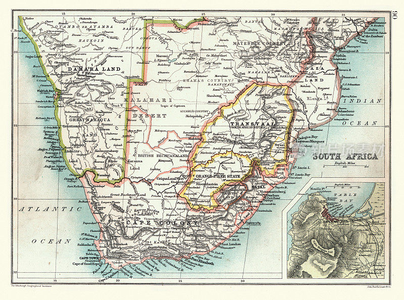 南非旧地图，详细的开普敦，德兰士瓦，开普殖民地，奥兰治自由邦，19世纪90年代