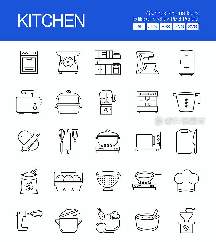 厨房细线矢量图标集。设计是可编辑的，颜色可以改变。矢量创意图标集:搅拌机，锅，天平，微波炉，水壶。