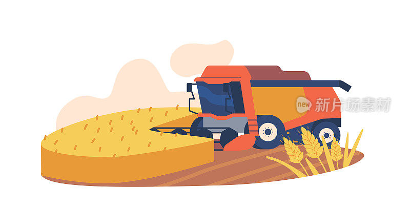 在田间用机器收割小麦。利用专用设备收集成熟小麦作物的高效机械化过程
