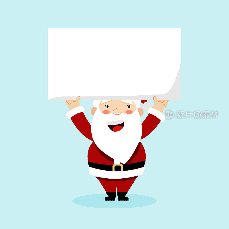 圣诞老人拿着蓝色背景的空白标语牌。