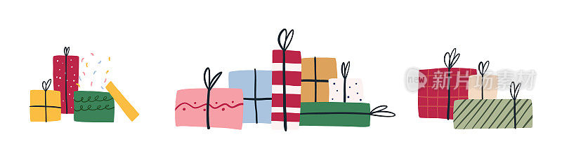 一套手绘礼品盒堆，卡通平面矢量插图孤立的白色背景。