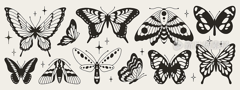 蝴蝶第七套黑白翅膀，波浪线条和有机形状的风格。Y2k美学，纹身轮廓，手绘贴纸。矢量图形在时尚的复古2000年代的风格