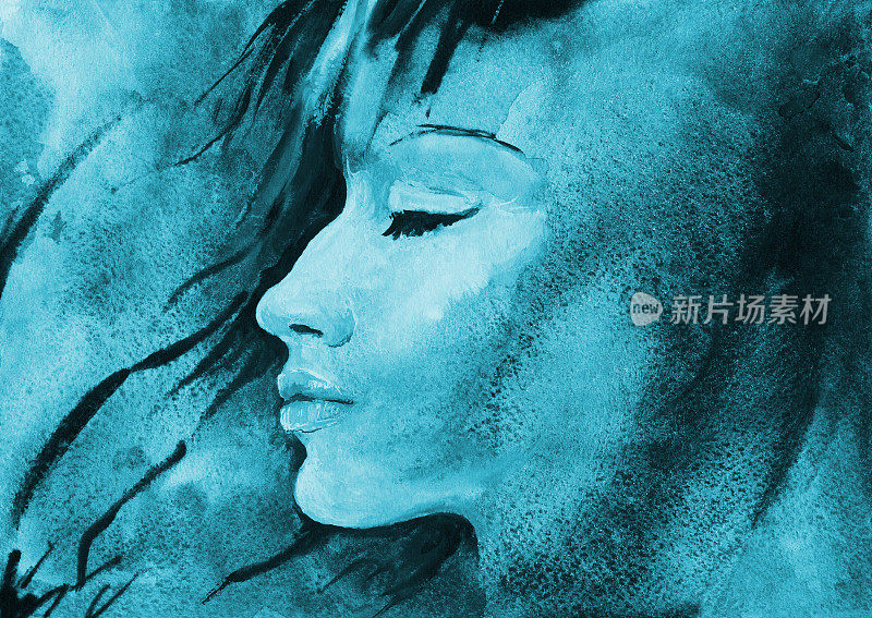 插图水彩肖像的年轻女子在侧面与长发在风中在蓝色背景