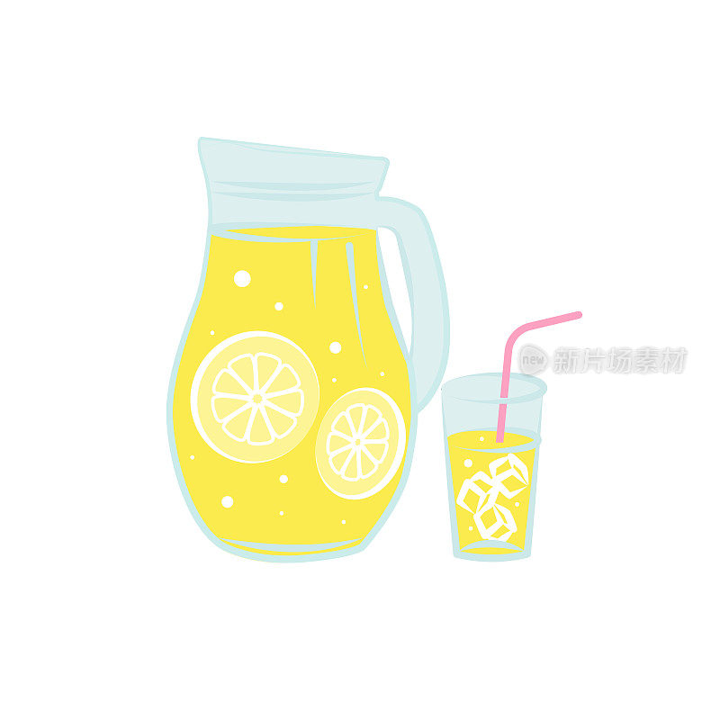 一杯柠檬水。清爽的柠檬水插图。有吸管的玻璃杯和装有柠檬和冰块的水罐。