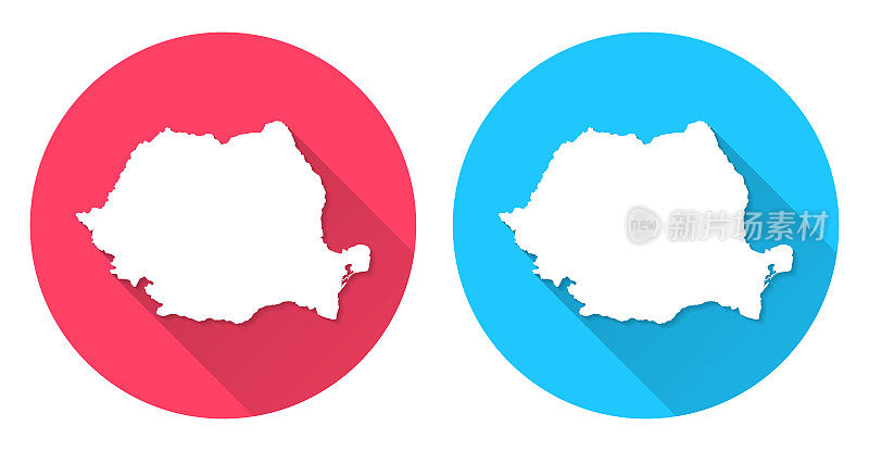 罗马尼亚的地图。圆形图标与长阴影在红色或蓝色的背景
