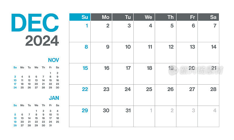 2024年12月-每月季度日历。极简风格的景观水平日历2024年。向量模板。这一周从星期一开始