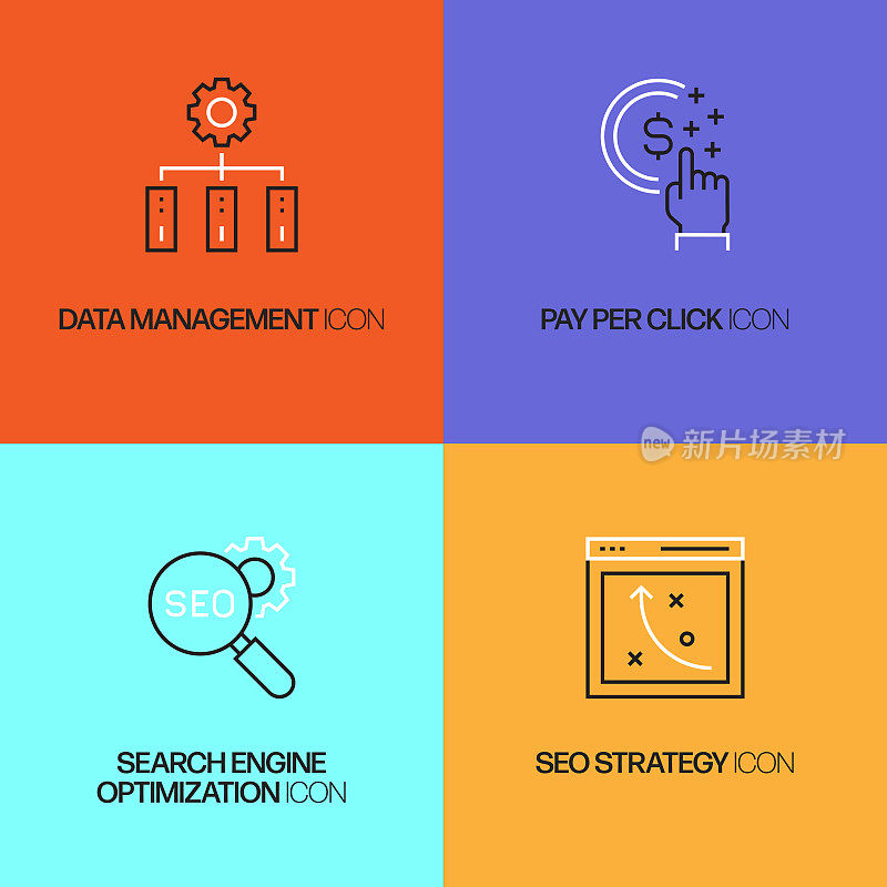 SEO相关的矢量线图标。轮廓符号集合