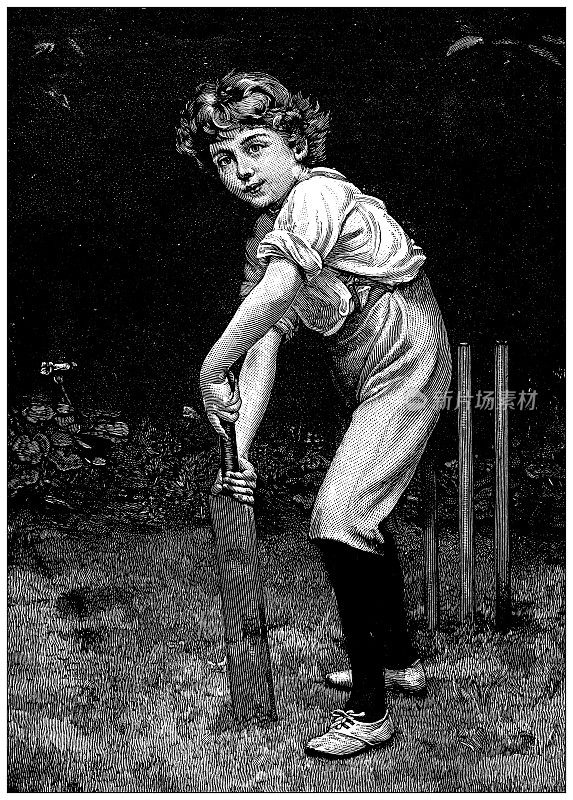 来自英国杂志的古董图片:男孩打板球