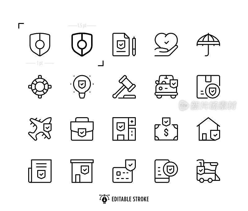 保险线路图标集。可编辑的中风。像素完美。