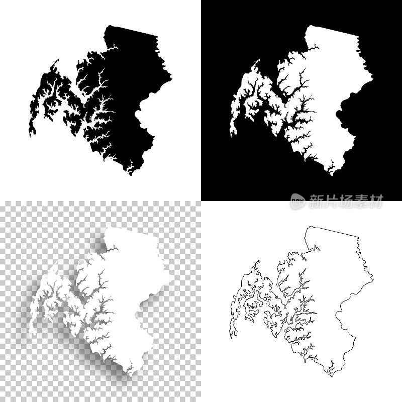 马里兰州塔尔博特县。设计地图。空白，白色和黑色背景