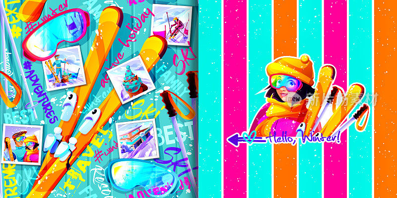 年轻的女孩滑雪和冬季运动彩色背景与即时打印照片与说明文字。创意无缝的背景和时尚的名片。