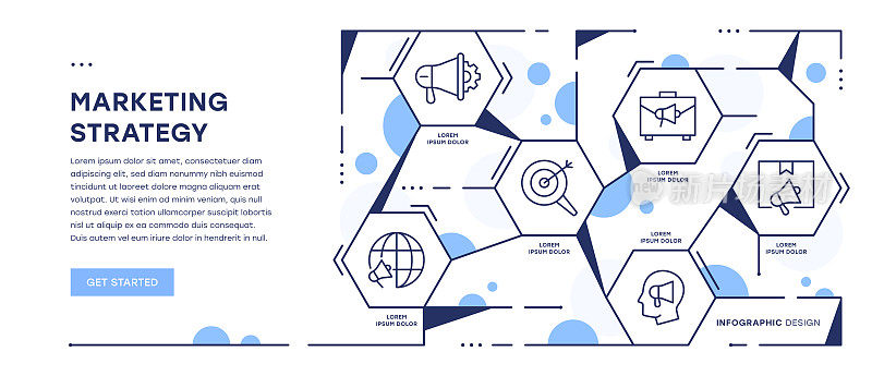 具有可编辑笔画图标的营销策略信息图Web横幅