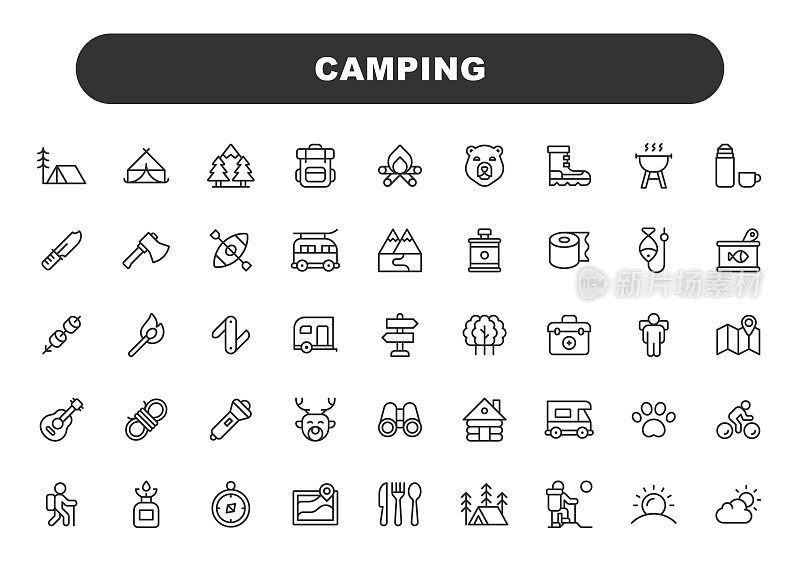 露营线图标。可编辑的中风。包含这样的图标，夏天，帐篷，森林，指南针，篝火，徒步旅行，攀登，狩猎，生存，露营者，旅行，度假，背包，地图，冒险。