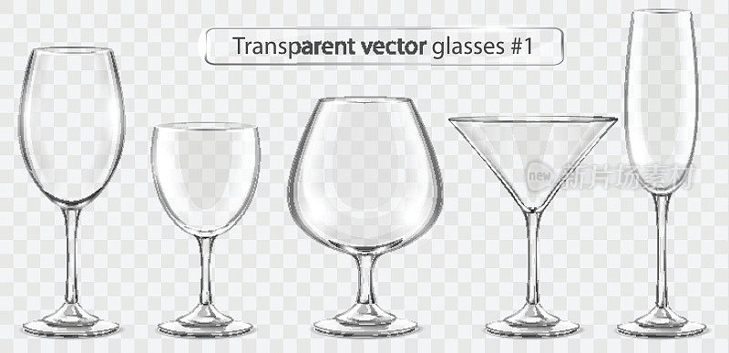 一套透明的矢量玻璃高脚杯为酒吧
