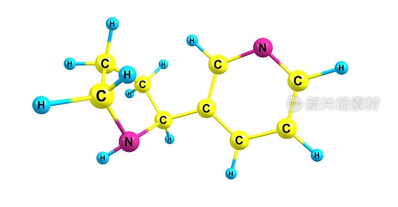 诺尼古丁分子结构孤立于白色