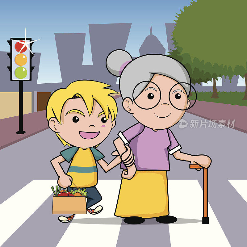孩子帮助老太太过马路。