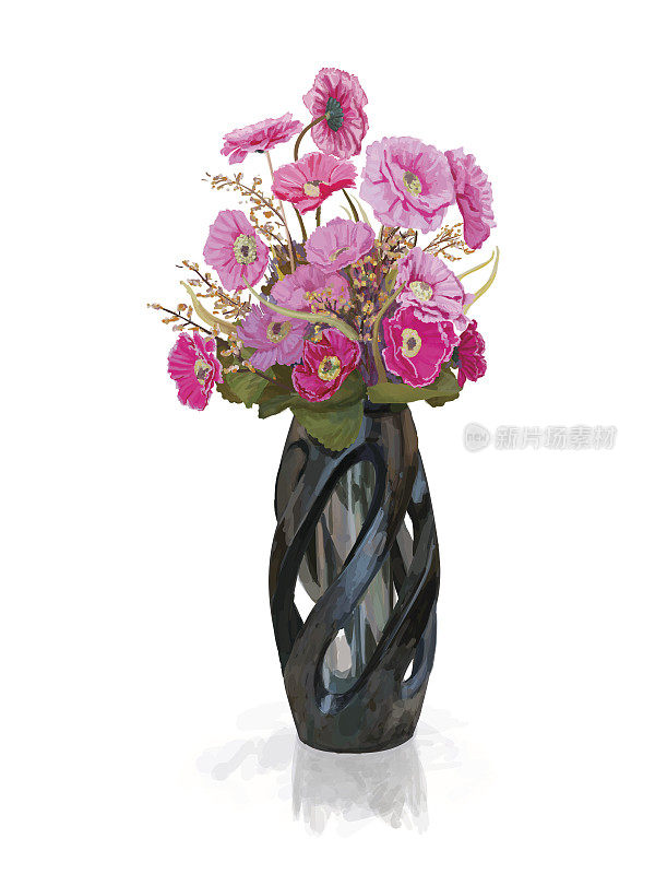 花瓶里一束粉红色的花，有反光
