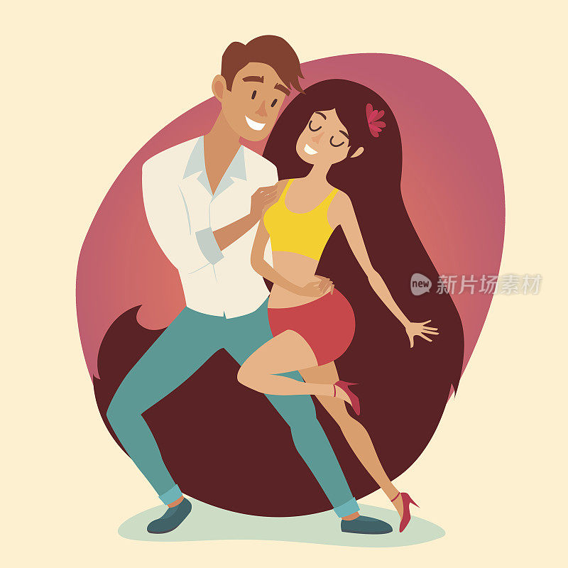 萨尔萨舞派对，拉丁舞者矢量插图。一对幸福的古巴夫妇。桑巴舞，巴塔舞或祖克舞