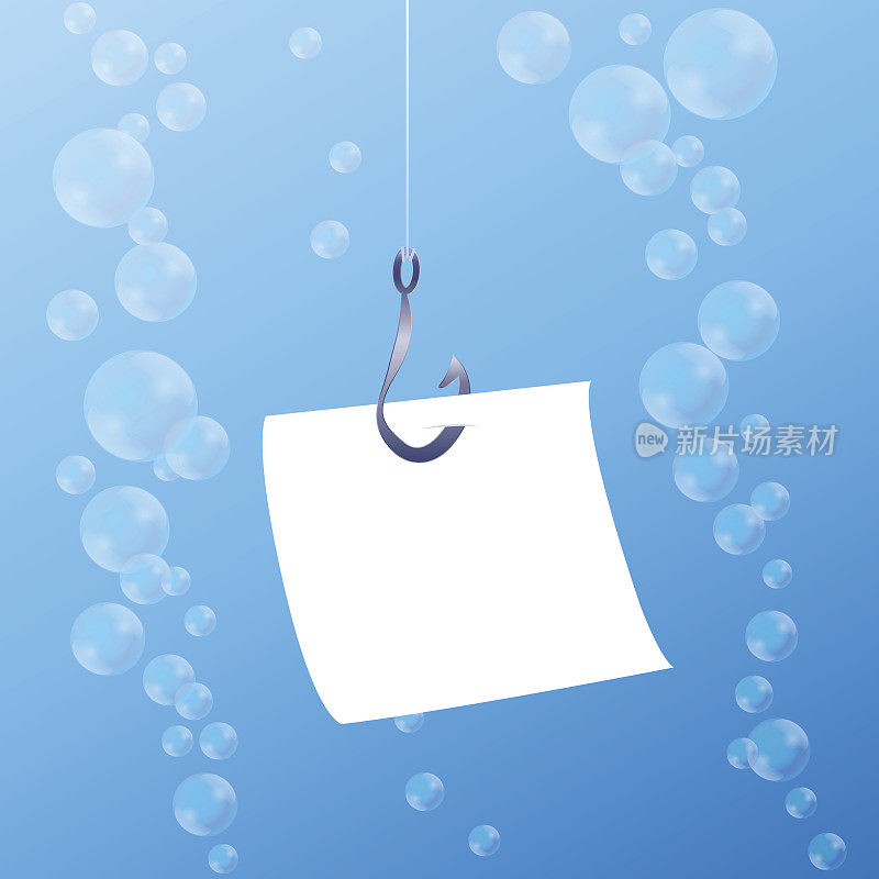 鱼钩与空白信息备注下加上气泡。孤立的漫画矢量插图上的白色背景。