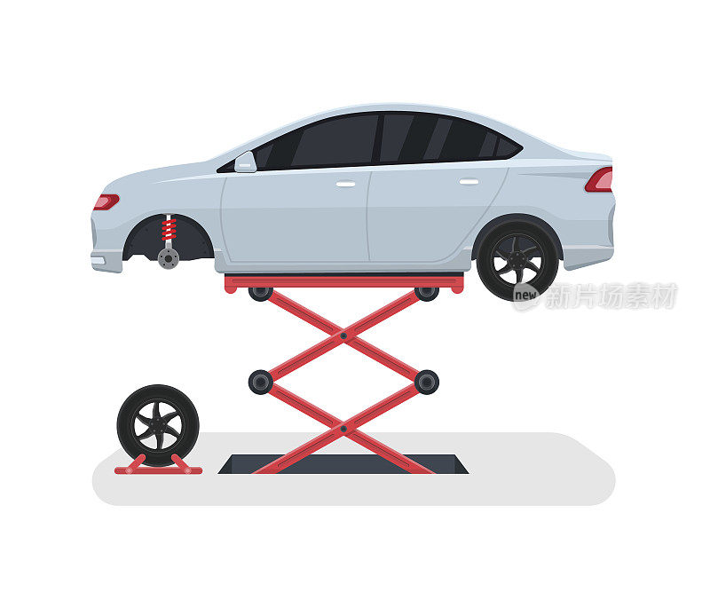 换一辆汽车的轮子。轮胎修理升降机。矢量插图。